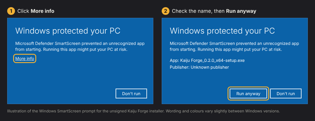 The SmartScreen prompt: click More info, then Run anyway.